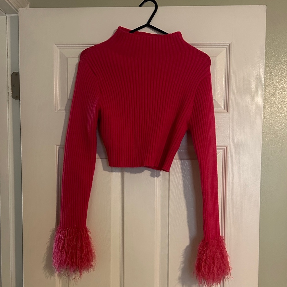 Vibrant Pink Ribbed Sweater with Feather Cuffs